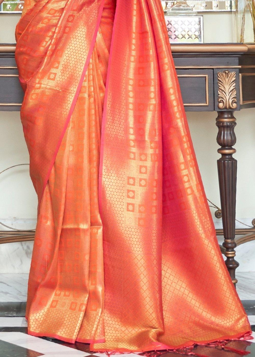 Persimmon Orange Zari Woven Kanjivaram Silk Saree with Tassels on Pallu | Stitched Blouse - qivii