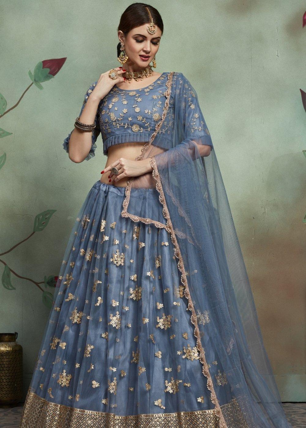 Pewter Grey Designer Soft Net Lehenga Choli with Sequins & Zari work - qivii