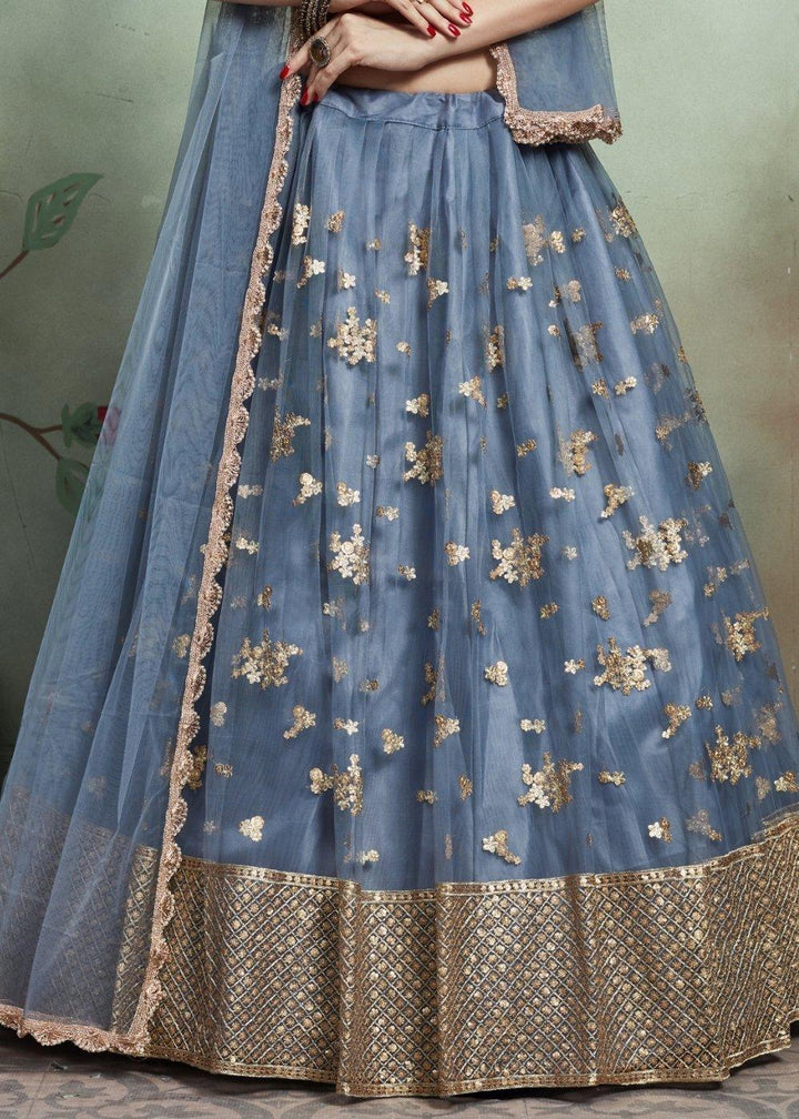 Pewter Grey Designer Soft Net Lehenga Choli with Sequins & Zari work - qivii