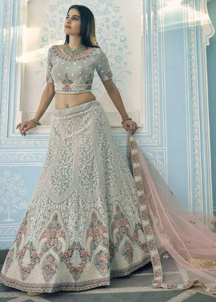 Pewter Grey Georgette Lehenga Choli with Zari,Thread & Zarkan work - qivii