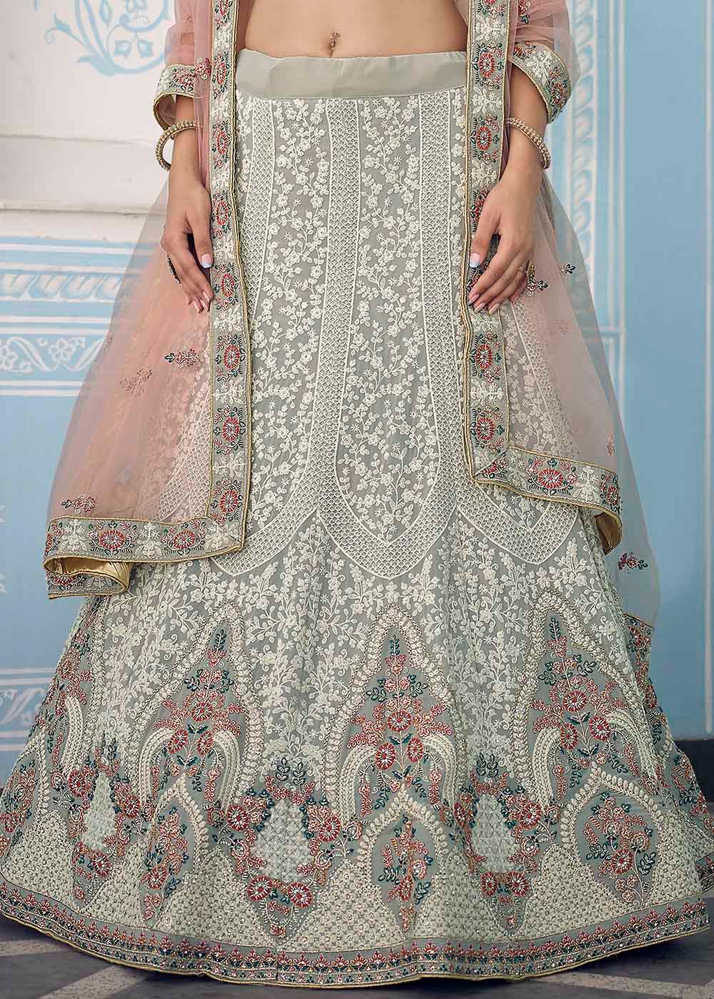 Pewter Grey Georgette Lehenga Choli with Zari,Thread & Zarkan work - qivii