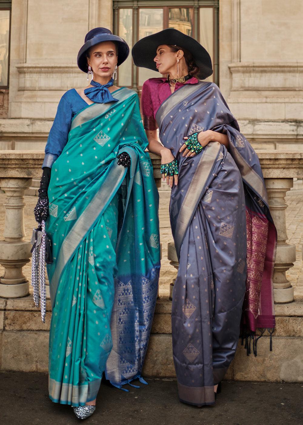 Pewter Grey Handloom Woven Soft Silk Saree - qivii