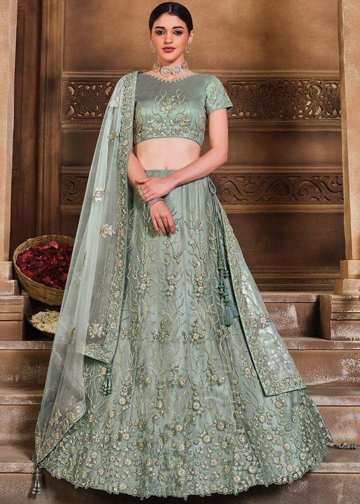 Pewter Grey Satin Silk & Net Lehenga Choli with Sequins, Resham & Swarvoski work: Top Pick - qivii