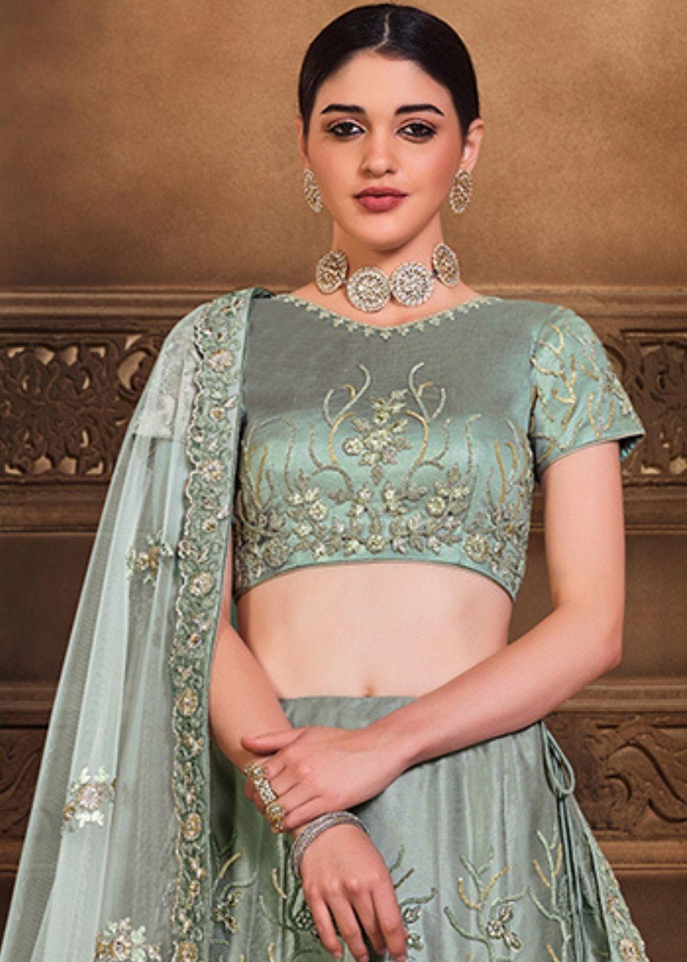 Pewter Grey Satin Silk & Net Lehenga Choli with Sequins, Resham & Swarvoski work: Top Pick - qivii