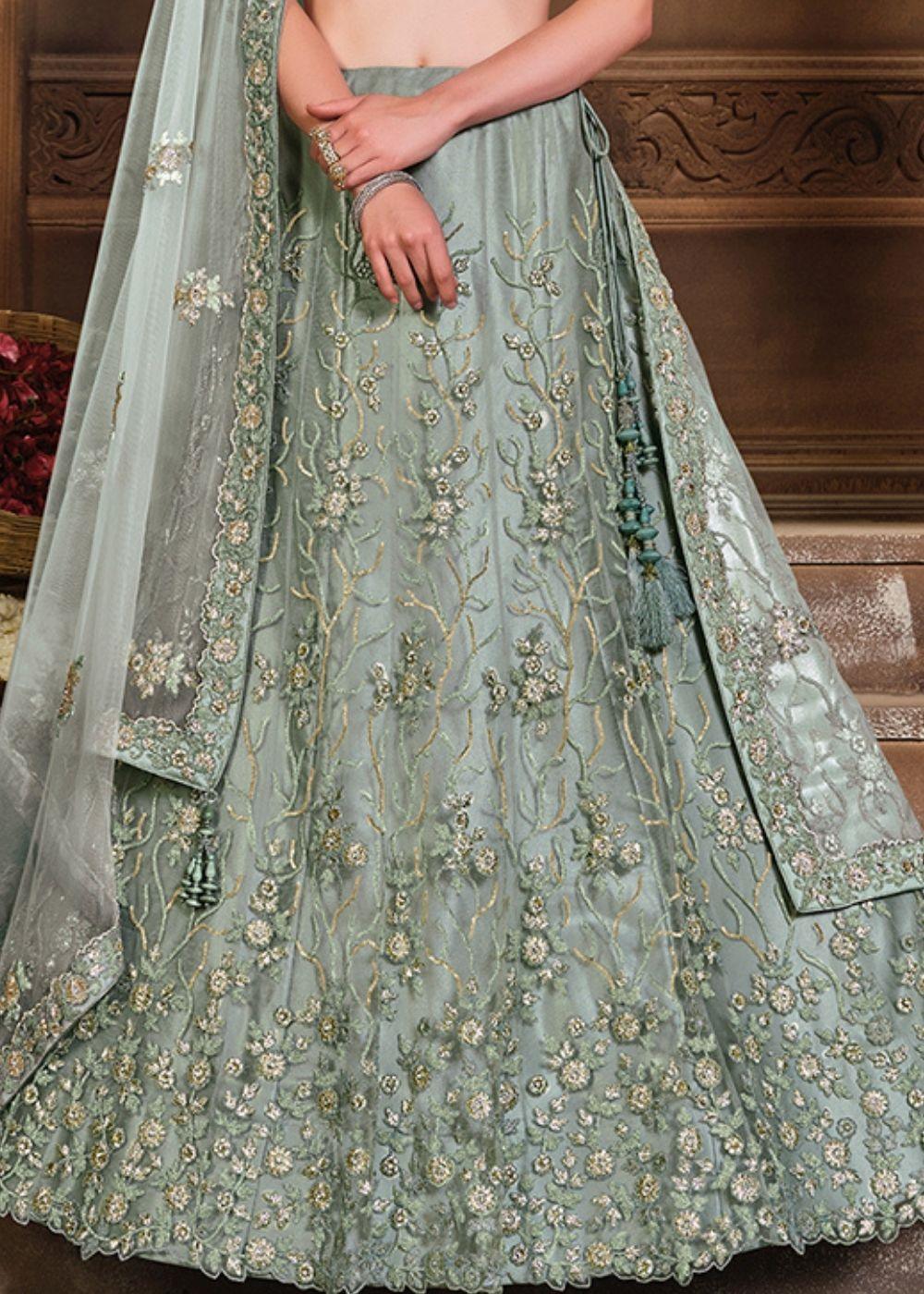 Pewter Grey Satin Silk & Net Lehenga Choli with Sequins, Resham & Swarvoski work: Top Pick - qivii