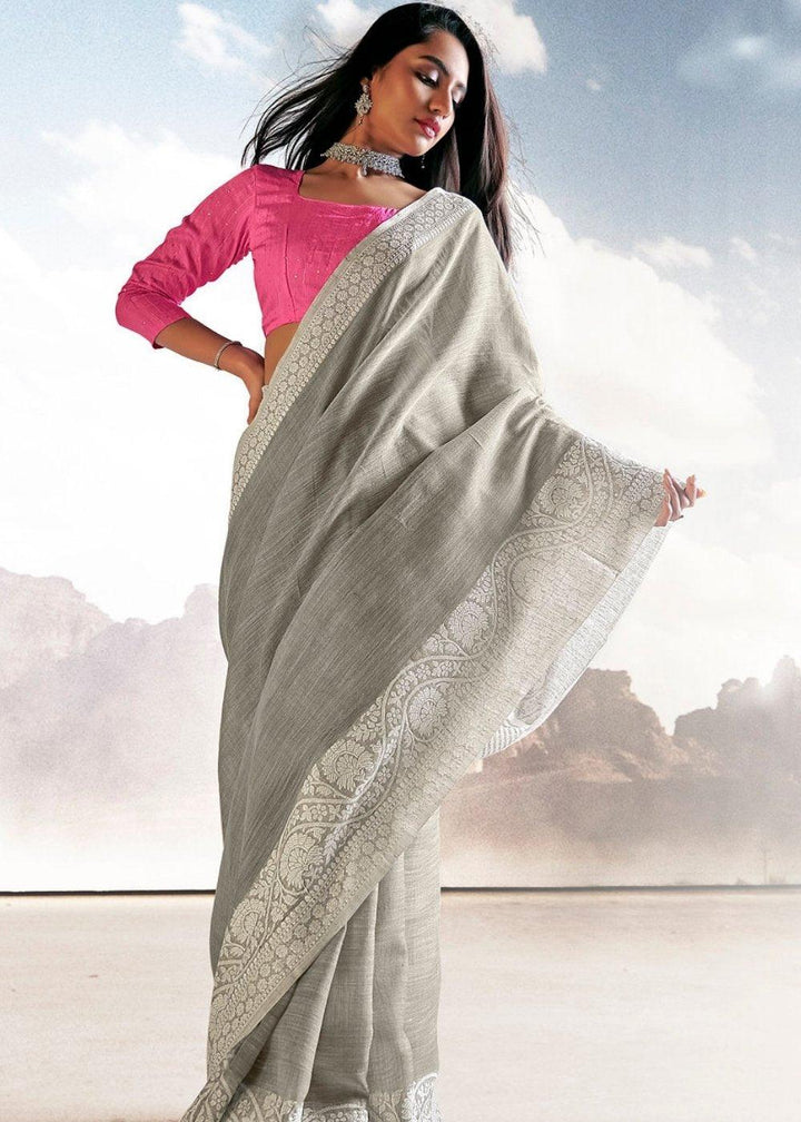 Pewter Grey Soft Linen Silk Saree with Lucknowi work and Sequence Blouse | Stitched Blouse - qivii