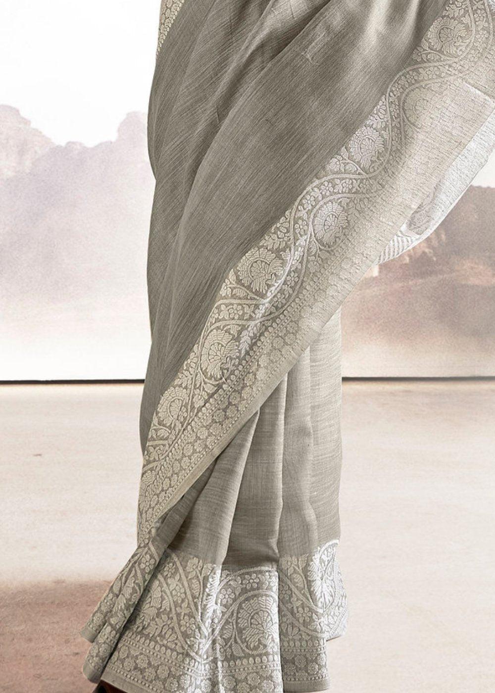 Pewter Grey Soft Linen Silk Saree with Lucknowi work and Sequence Blouse | Stitched Blouse - qivii