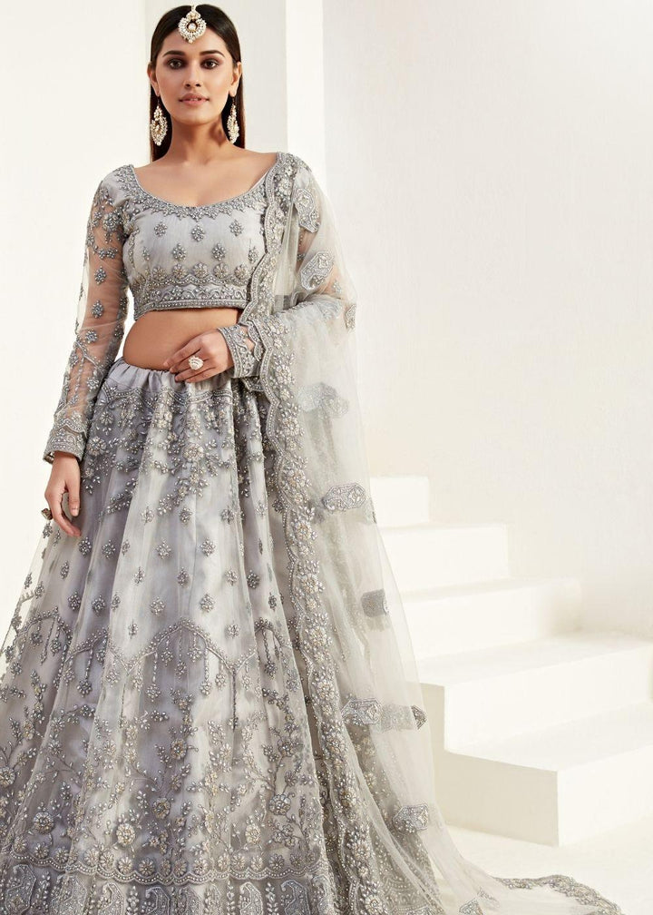 Pewter Grey Soft Net Lehenga Choli with Coding, Thread, Stonework & Badla Embroidery(Pre-order) - qivii