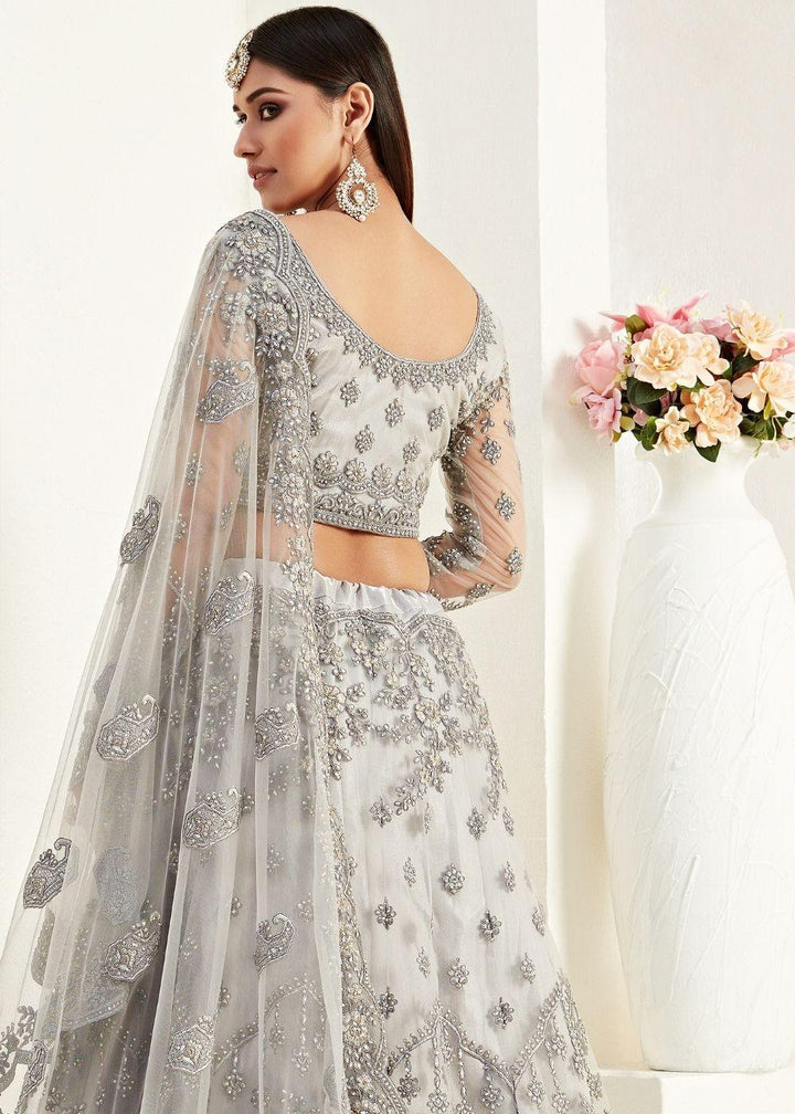 Pewter Grey Soft Net Lehenga Choli with Coding, Thread, Stonework & Badla Embroidery(Pre-order) - qivii