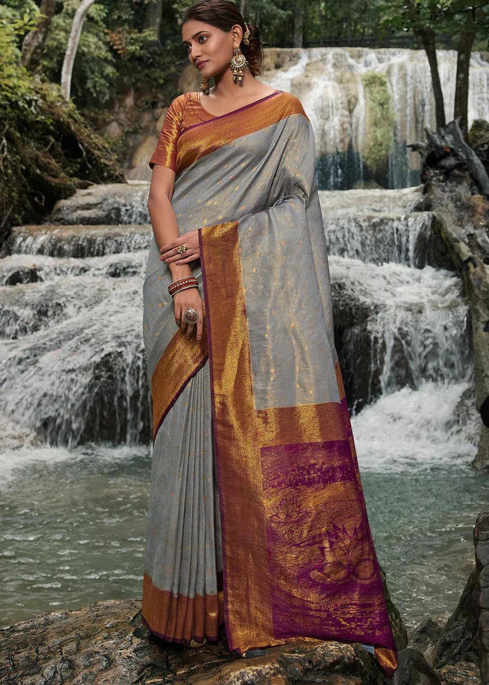 Pewter Grey Zari Woven Kanjivaram Silk Saree | Stitched Blouse - qivii