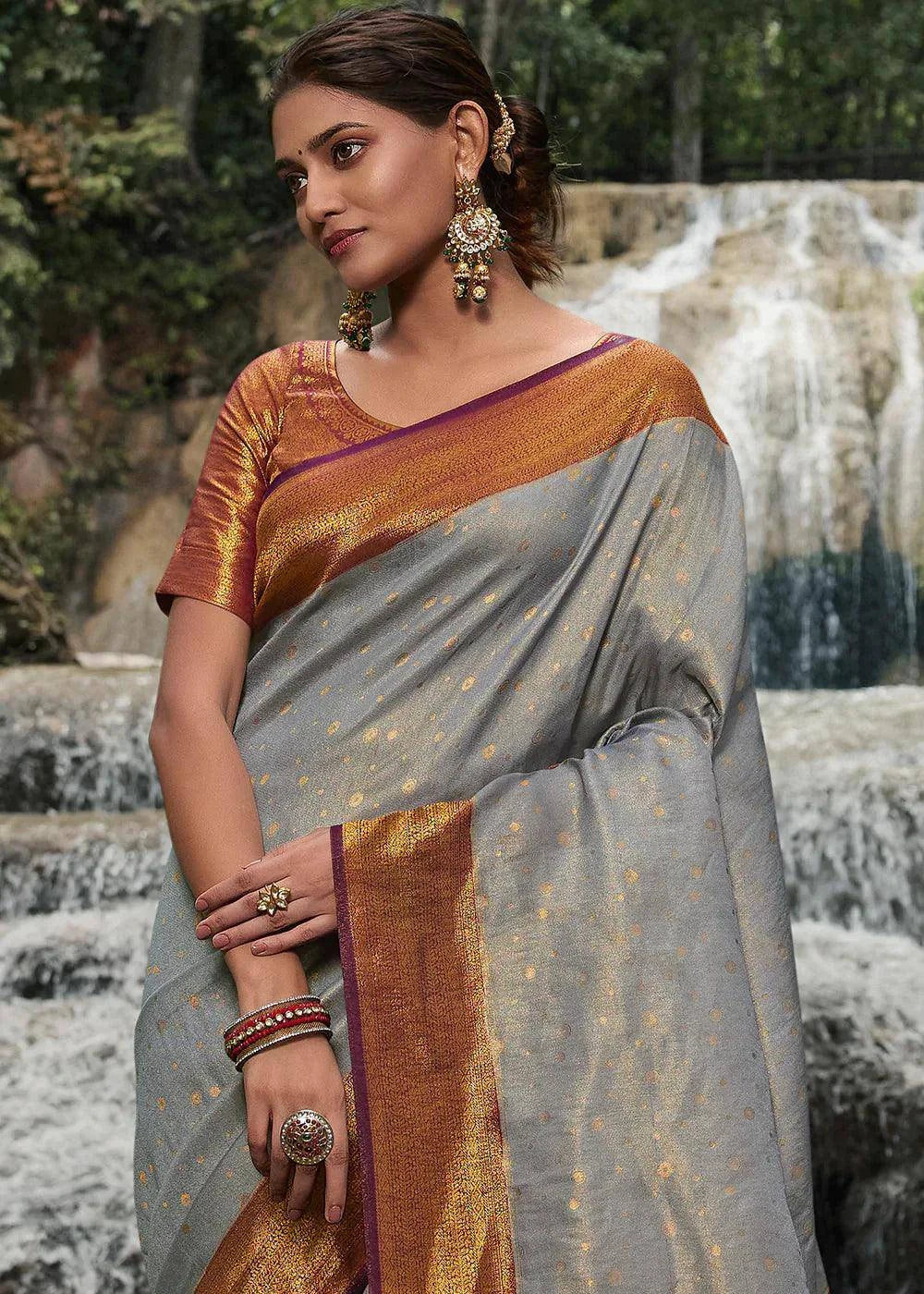 Pewter Grey Zari Woven Kanjivaram Silk Saree | Stitched Blouse - qivii