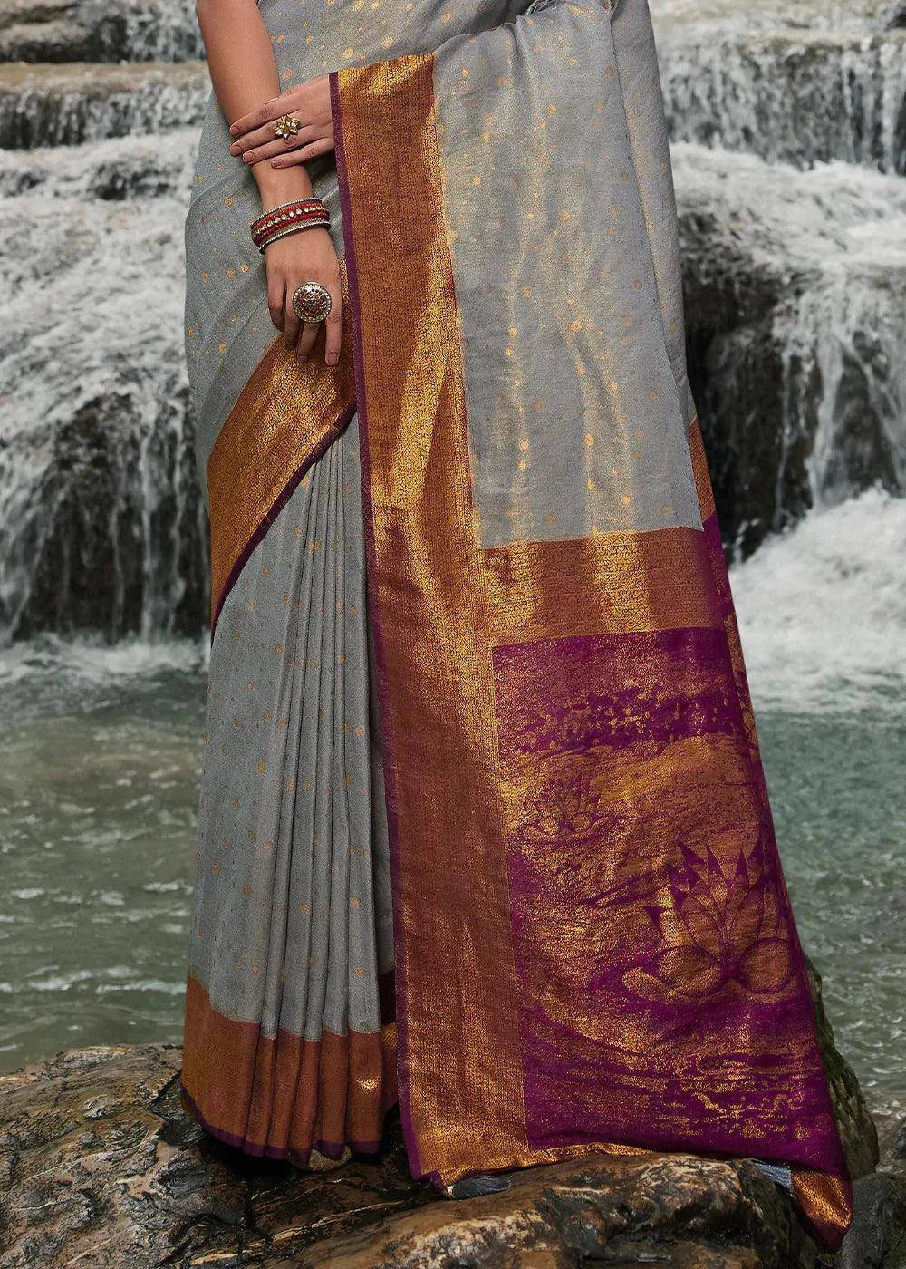 Pewter Grey Zari Woven Kanjivaram Silk Saree | Stitched Blouse - qivii