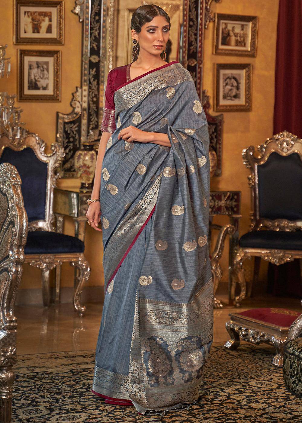 Pewter Grey Zari Woven Tussar Silk Saree | Stitched Blouse - qivii