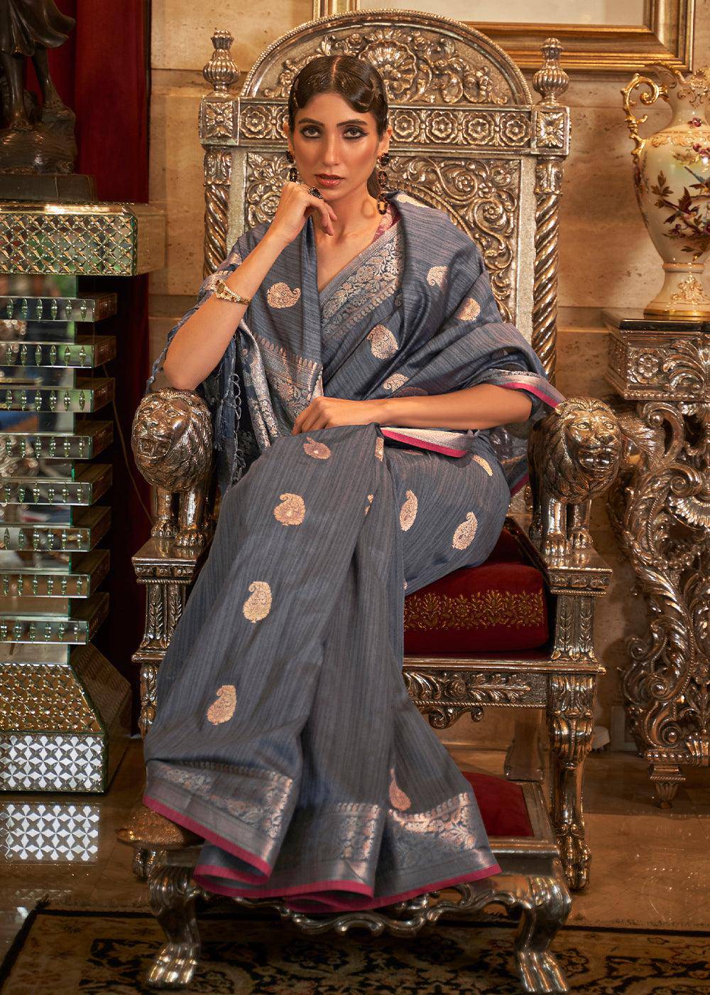 Pewter Grey Zari Woven Tussar Silk Saree | Stitched Blouse - qivii