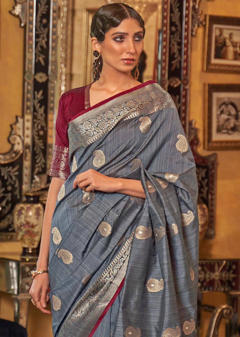 Pewter Grey Zari Woven Tussar Silk Saree | Stitched Blouse - qivii