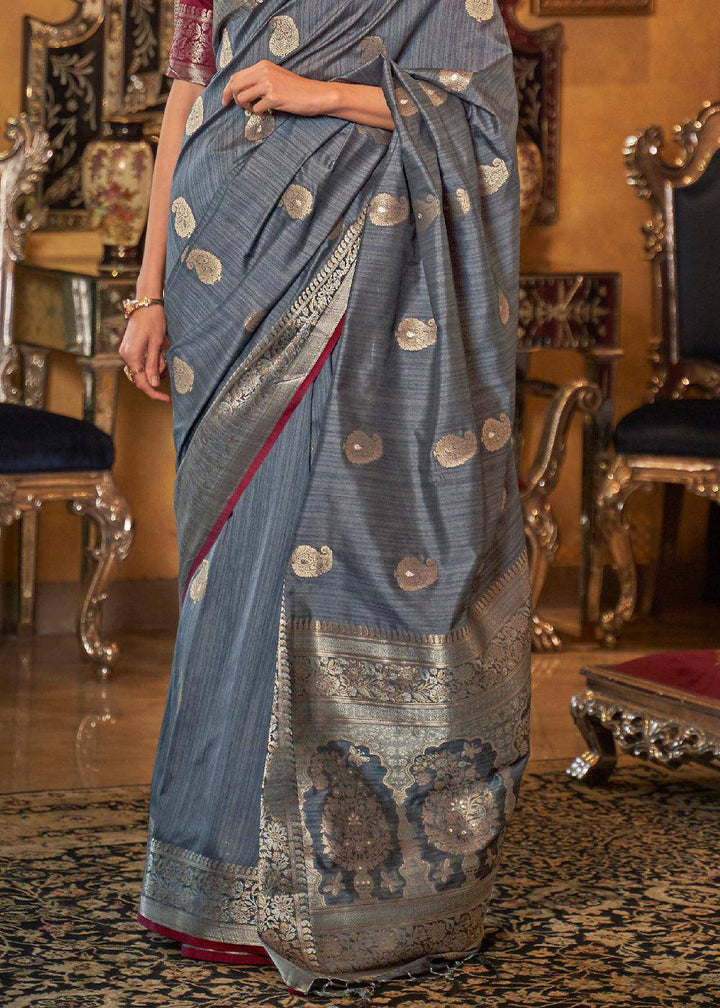 Pewter Grey Zari Woven Tussar Silk Saree | Stitched Blouse - qivii