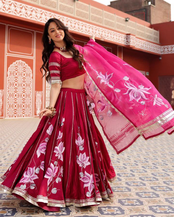 Pink Premium Malai Satin Silk Embellished With Beautiful Digital Print With Heavy Gotta Patti Work - Inspired | Ready To Wear - qivii