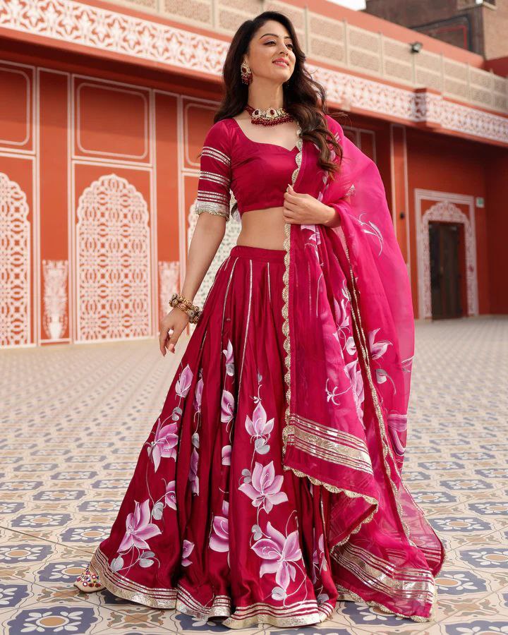 Pink Premium Malai Satin Silk Embellished With Beautiful Digital Print With Heavy Gotta Patti Work - Inspired | Ready To Wear - qivii