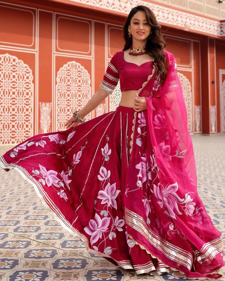 Pink Premium Malai Satin Silk Embellished With Beautiful Digital Print With Heavy Gotta Patti Work - Inspired | Ready To Wear - qivii