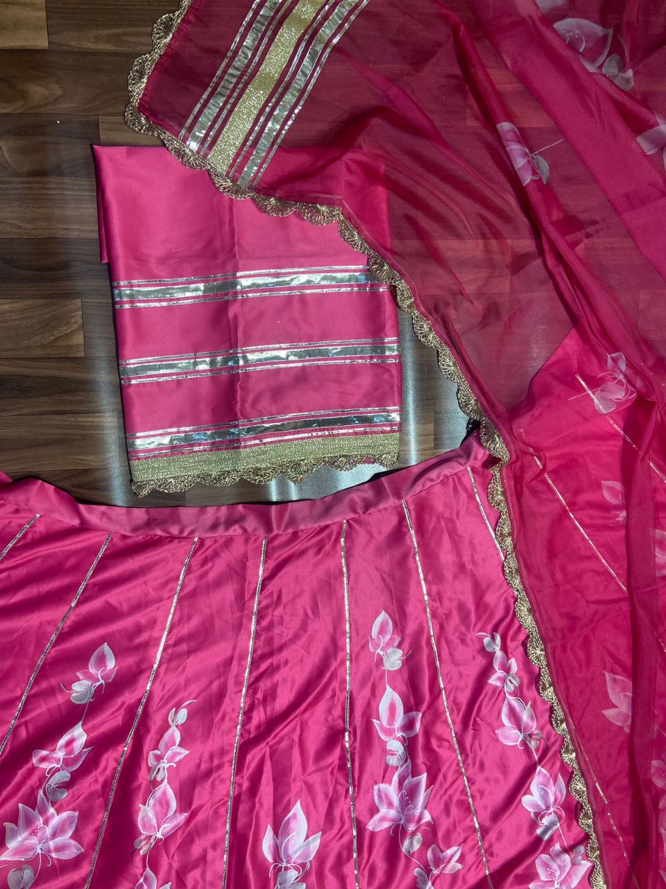 Pink Premium Malai Satin Silk Embellished With Beautiful Digital Print With Heavy Gotta Patti Work - Inspired | Ready To Wear - qivii