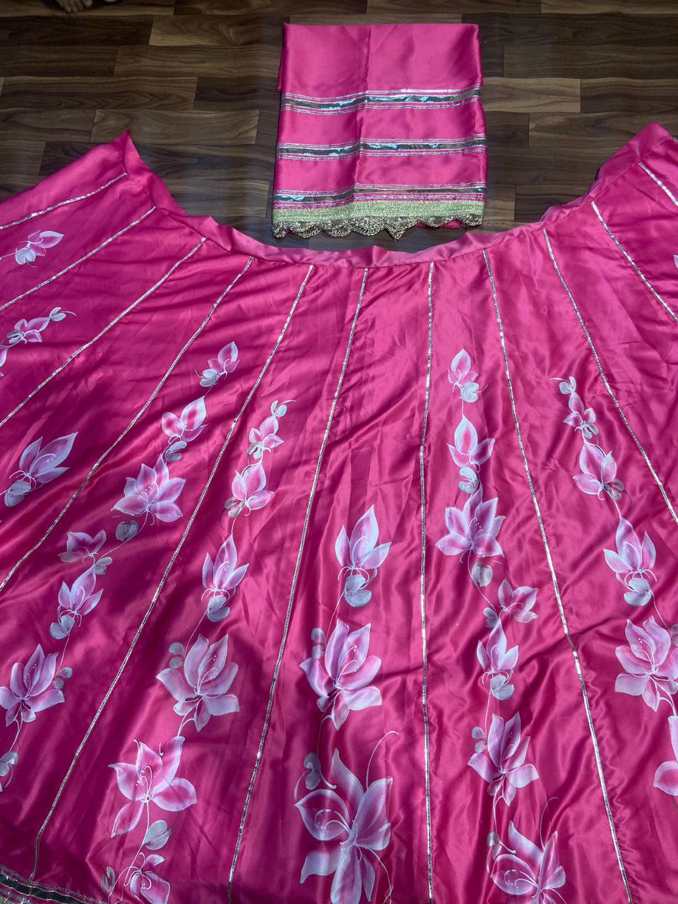 Pink Premium Malai Satin Silk Embellished With Beautiful Digital Print With Heavy Gotta Patti Work - Inspired | Ready To Wear - qivii