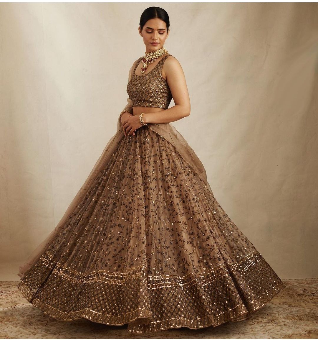 Brown Color Premium Net Embellished With  Heavy Sequins Work With Embroidery Work Lehenga Choli - Inspired | Ready To Wear - qivii