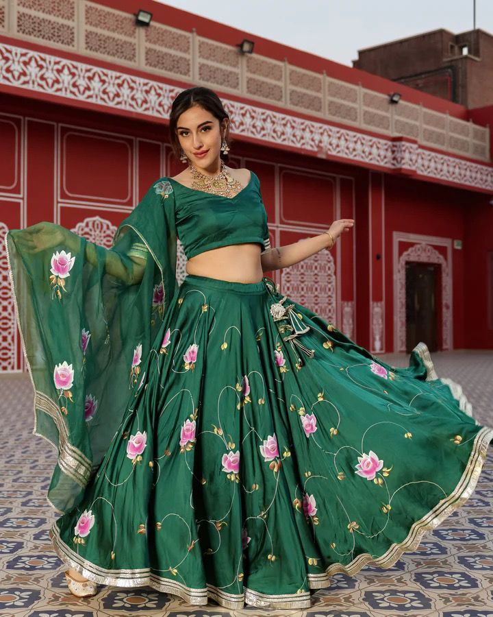Green Color Premium Baby Satin Silk Embellished With Beautiful Digital Print With Heavy Gotta Patti Work - Inspired | Ready To Wear - qivii