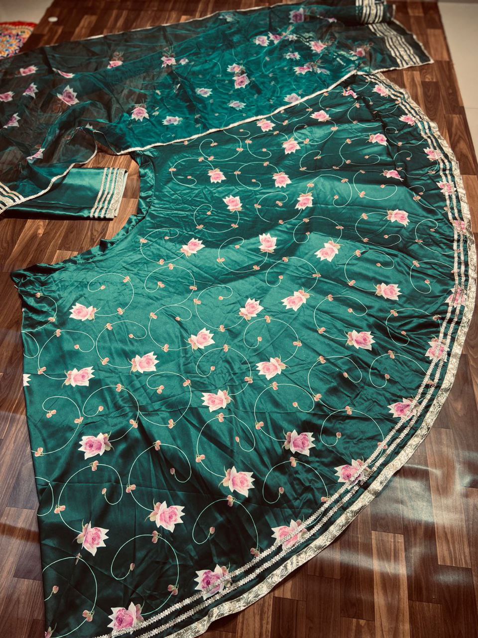 Green Color Premium Baby Satin Silk Embellished With Beautiful Digital Print With Heavy Gotta Patti Work - Inspired | Ready To Wear - qivii