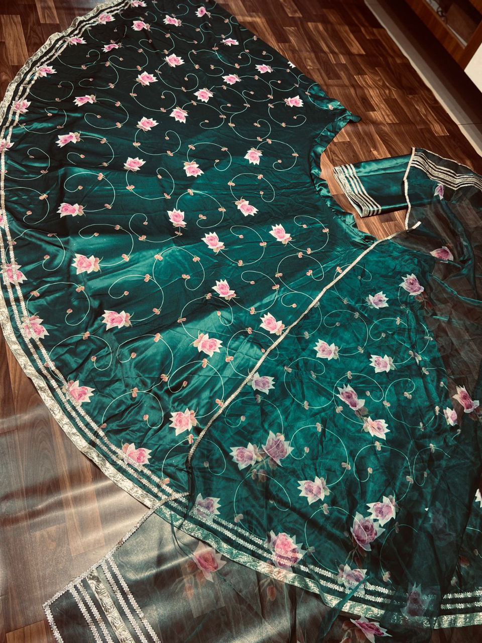 Green Color Premium Baby Satin Silk Embellished With Beautiful Digital Print With Heavy Gotta Patti Work - Inspired | Ready To Wear - qivii