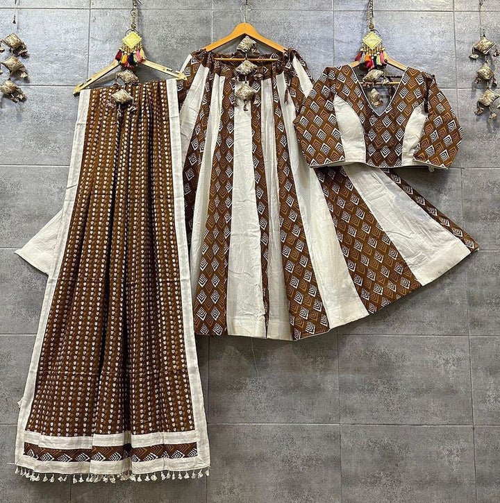 Coffee Colour Pure Cotton With Print Navratri  Special Lehenga Choli Set