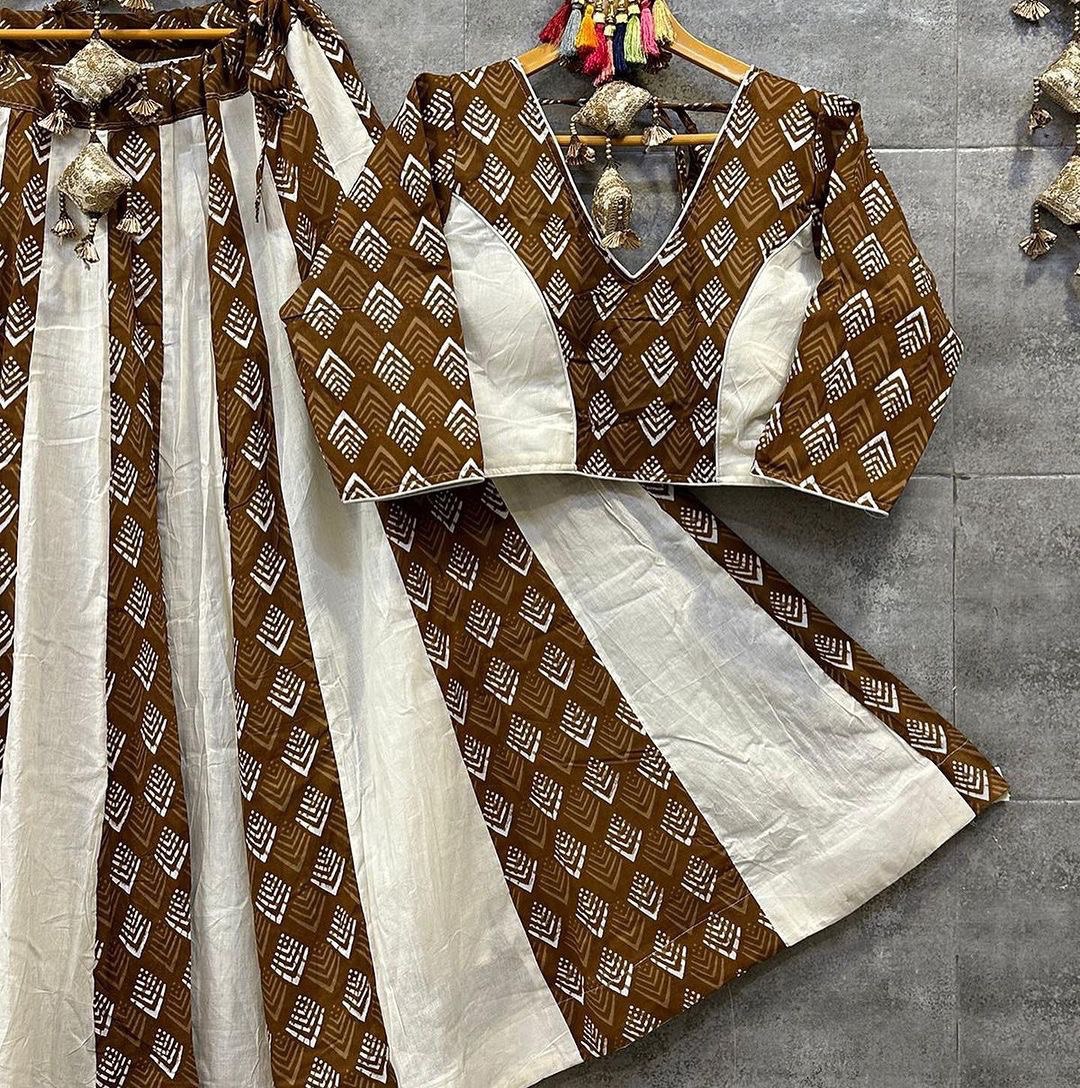 Coffee Colour Pure Cotton With Print Navratri  Special Lehenga Choli Set