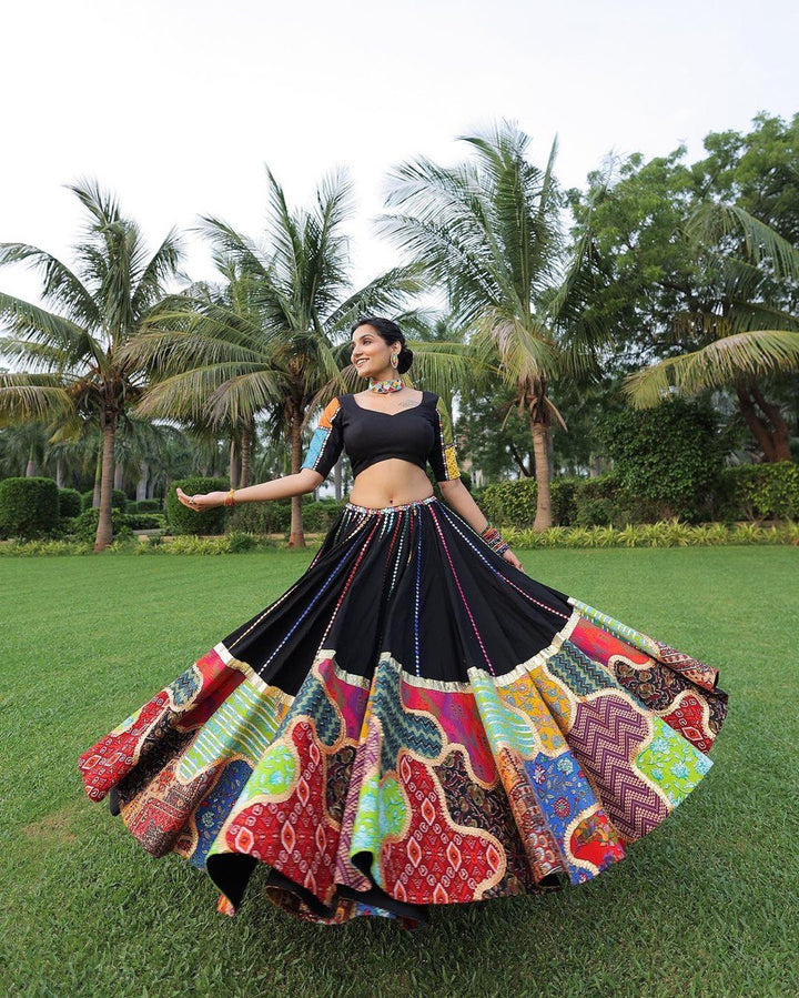 Black Colour Pure Cotton With Print And Embroidery Foil Paper Work Navratri  Special Lehenga Choli Set