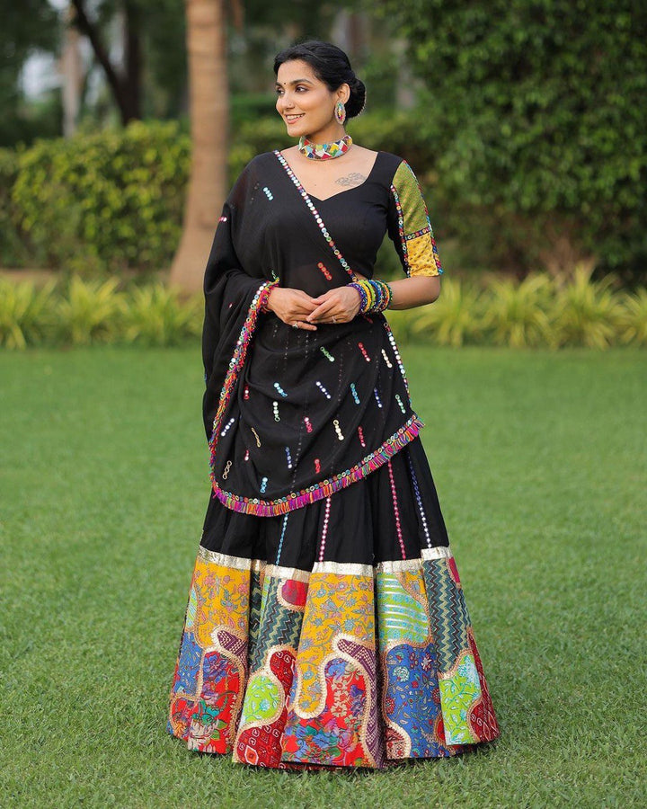 Black Colour Pure Cotton With Print And Embroidery Foil Paper Work Navratri  Special Lehenga Choli Set