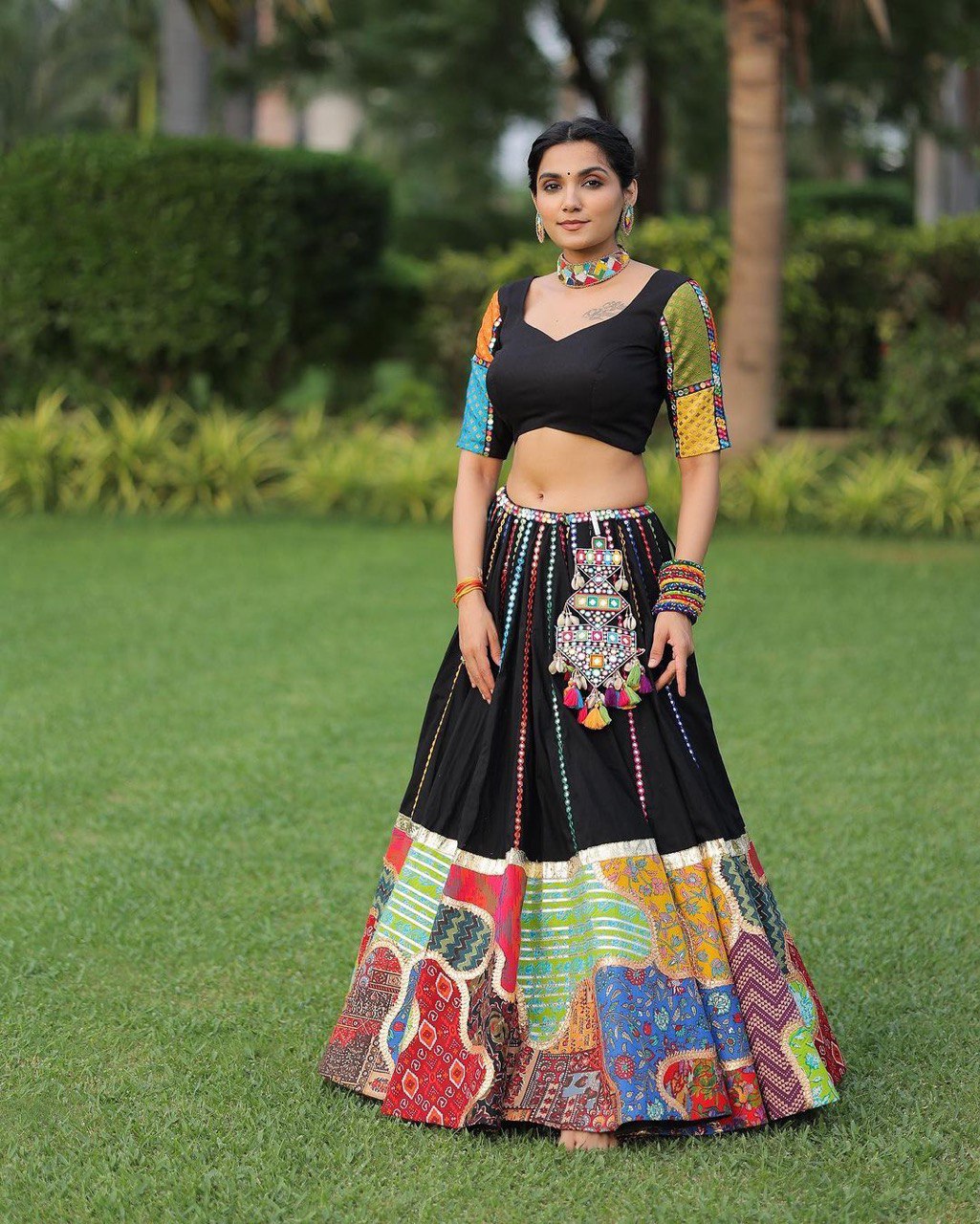 Black Colour Pure Cotton With Print And Embroidery Foil Paper Work Navratri  Special Lehenga Choli Set