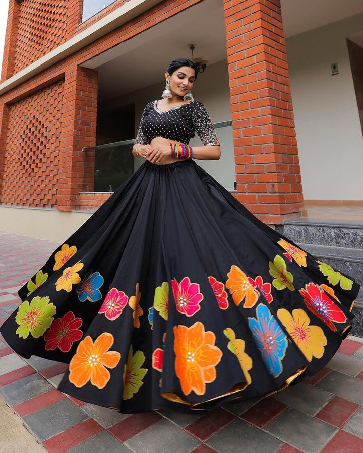 Black Colour Pure Cotton With Print And Real Mirror Work Navratri  Special Lehenga Choli Set