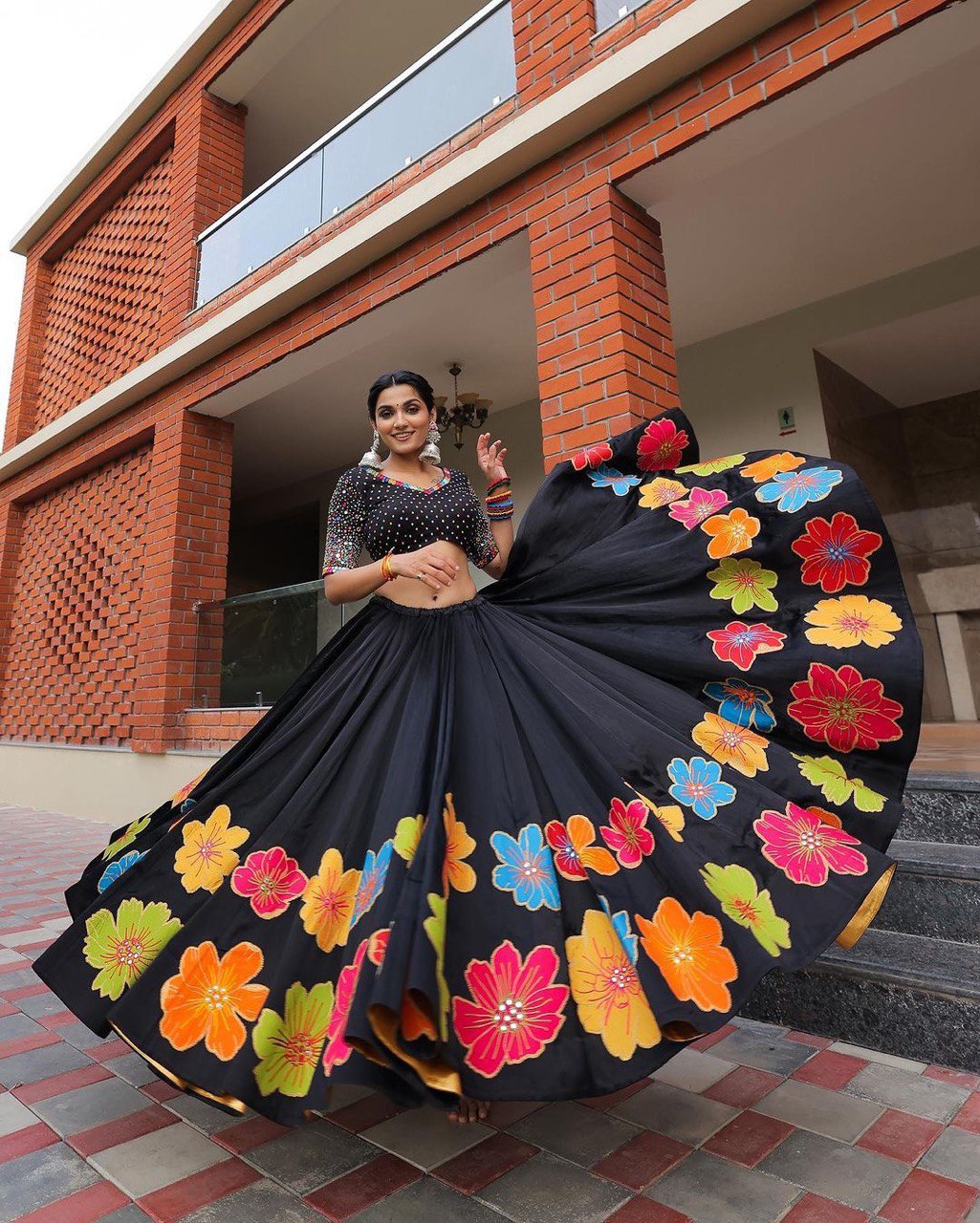 Black Colour Pure Cotton With Print And Real Mirror Work Navratri  Special Lehenga Choli Set