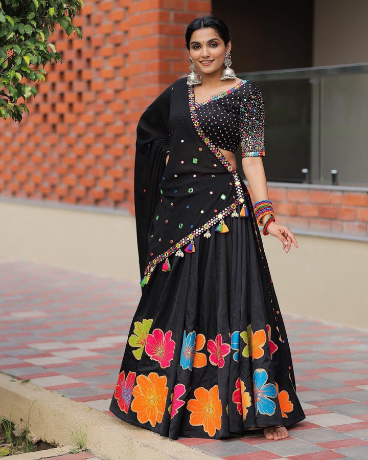 Black Colour Pure Cotton With Print And Real Mirror Work Navratri  Special Lehenga Choli Set