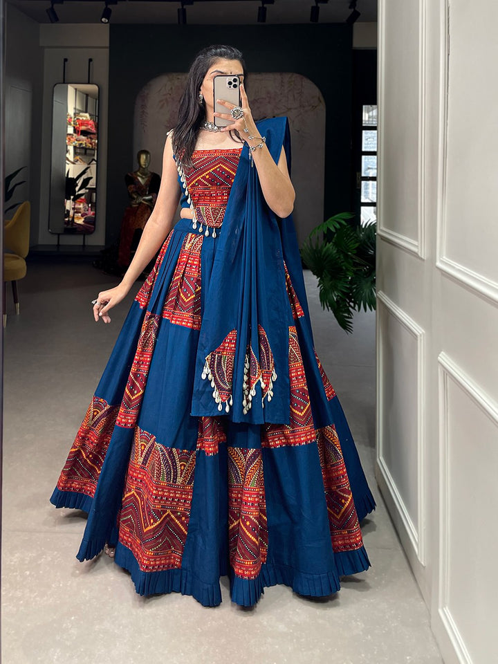 Blue Color Pure Cotton Plain & Printed With Foil Work Navratri Lehenga Choli