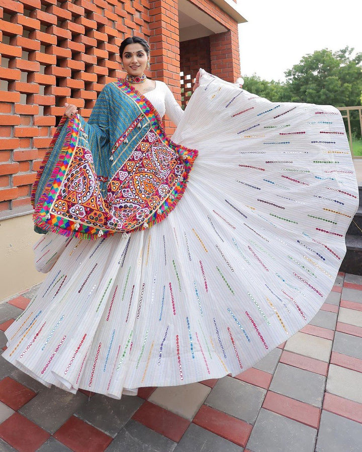 White Color Crepe With Printed Lehenga Set With Real Mirror Work Choli