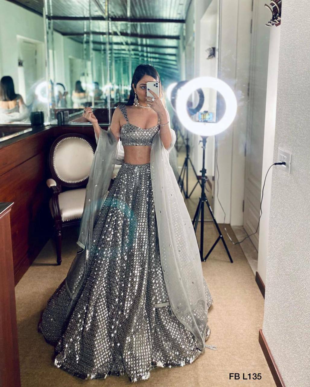 Silver Kasturi crep silk lehnga with sequence work - INSPIRED | Ready To Wear - qivii