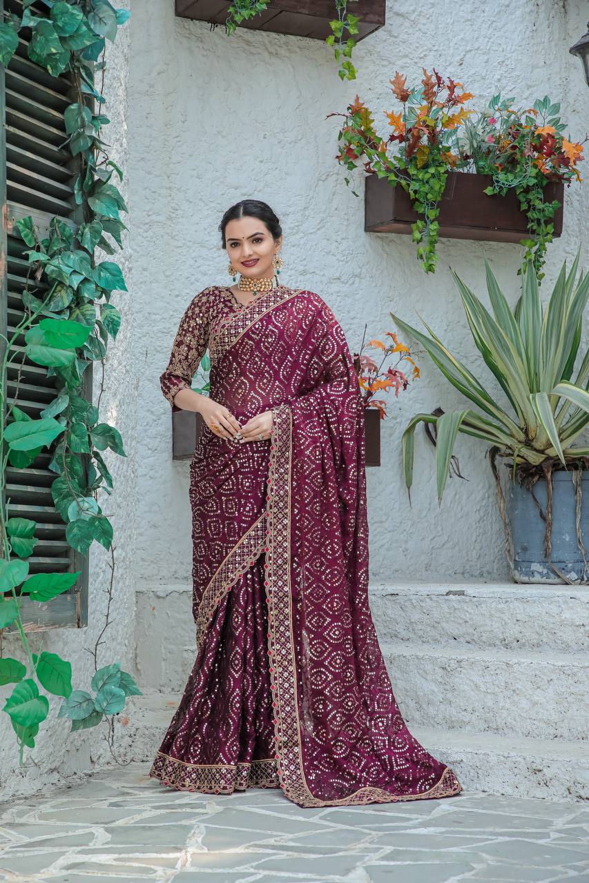 Purple Heavy Kasturi silk georgette saree with sequins , Dori & zari work - qivii