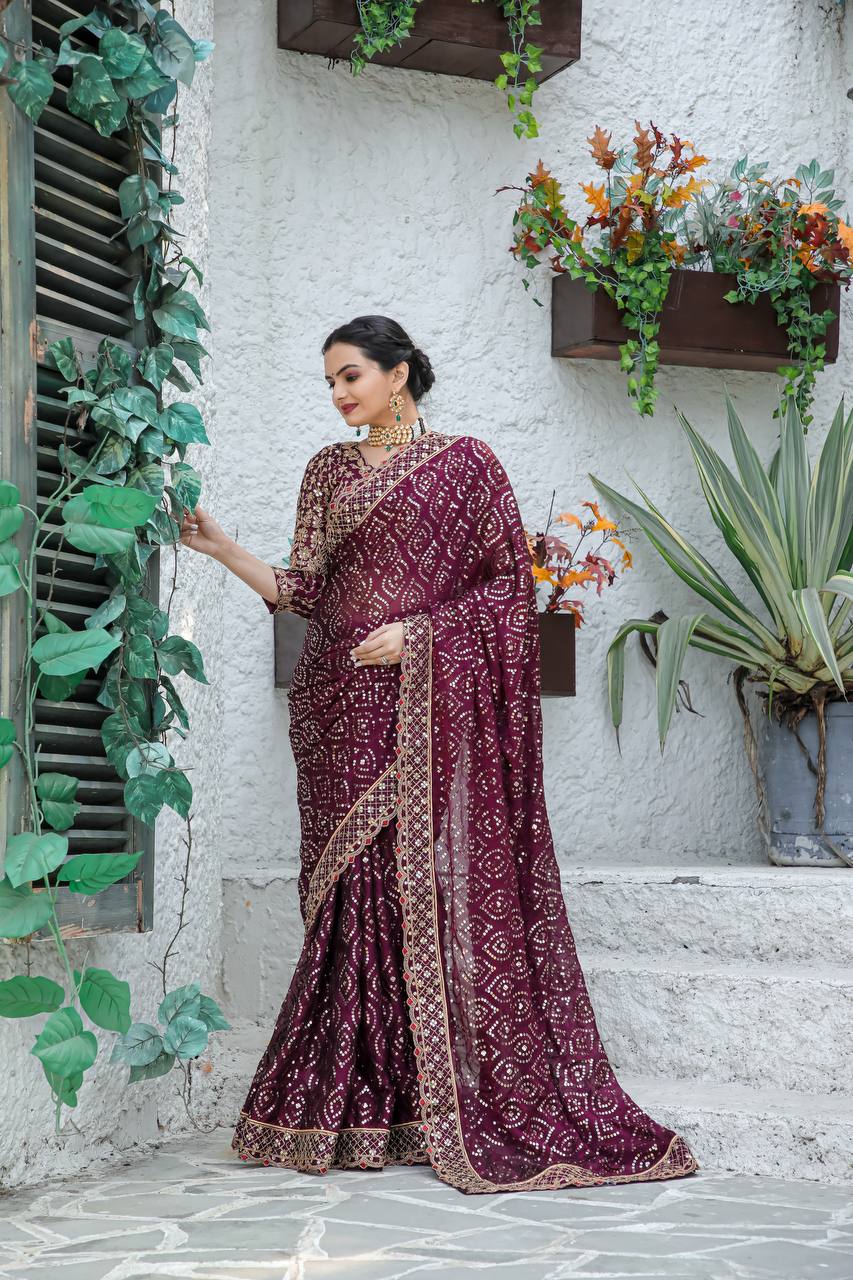 Purple Heavy Kasturi silk georgette saree with sequins , Dori & zari work - qivii