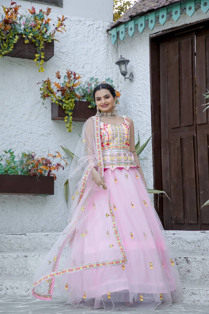 Pink Double layer net lehnga with thread work | Ready To Wear - qivii
