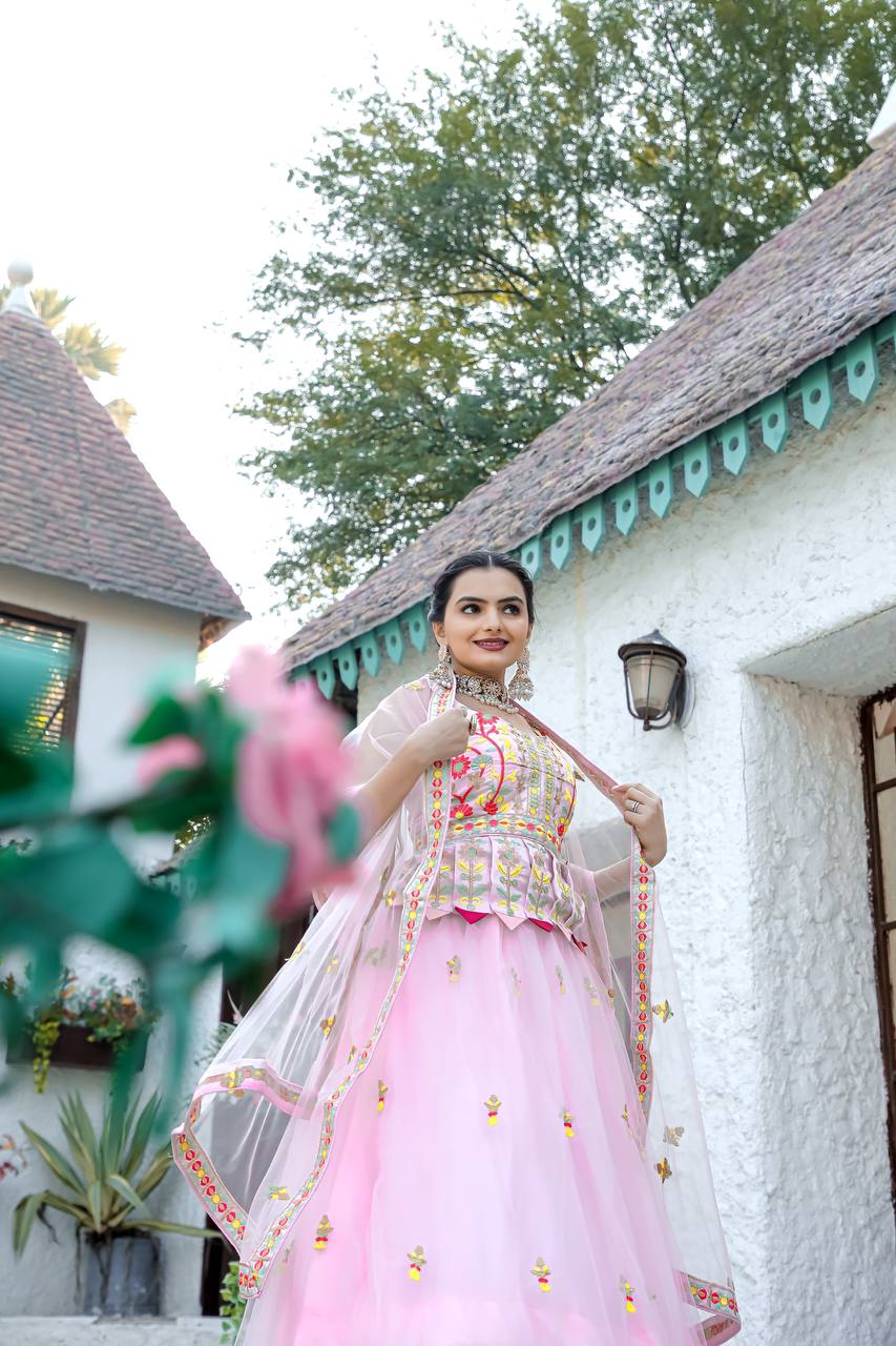 Pink Double layer net lehnga with thread work | Ready To Wear - qivii