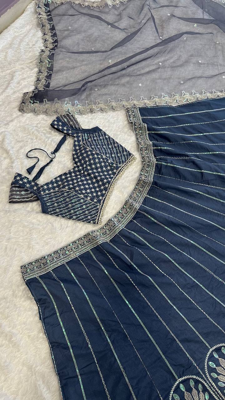 Blue silk lehenga with rainbow sequins , thread & dori work - INSPIRED | Ready To Wear - qivii