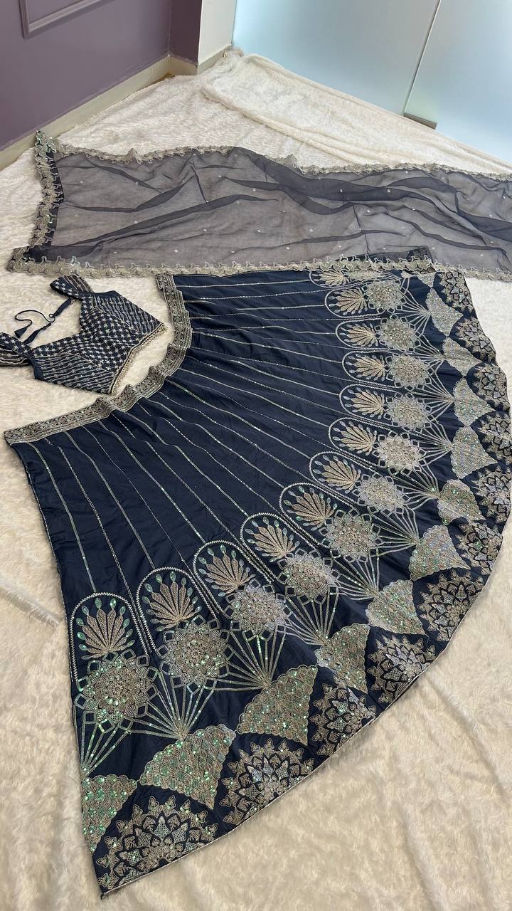 Blue silk lehenga with rainbow sequins , thread & dori work - INSPIRED | Ready To Wear - qivii