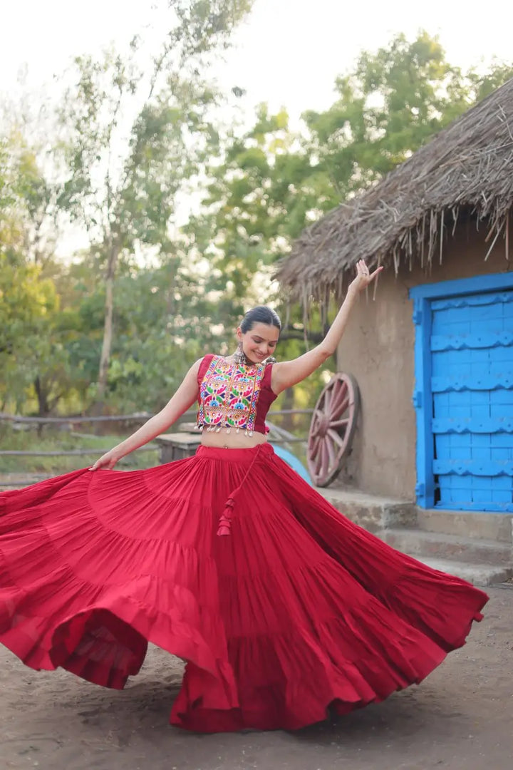 Glorious Red Plain Frill Lehenga With Traditional Gamthi Thread Work Koti And Blouse