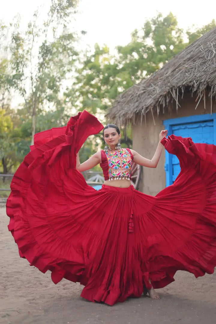 Glorious Red Plain Frill Lehenga With Traditional Gamthi Thread Work Koti And Blouse