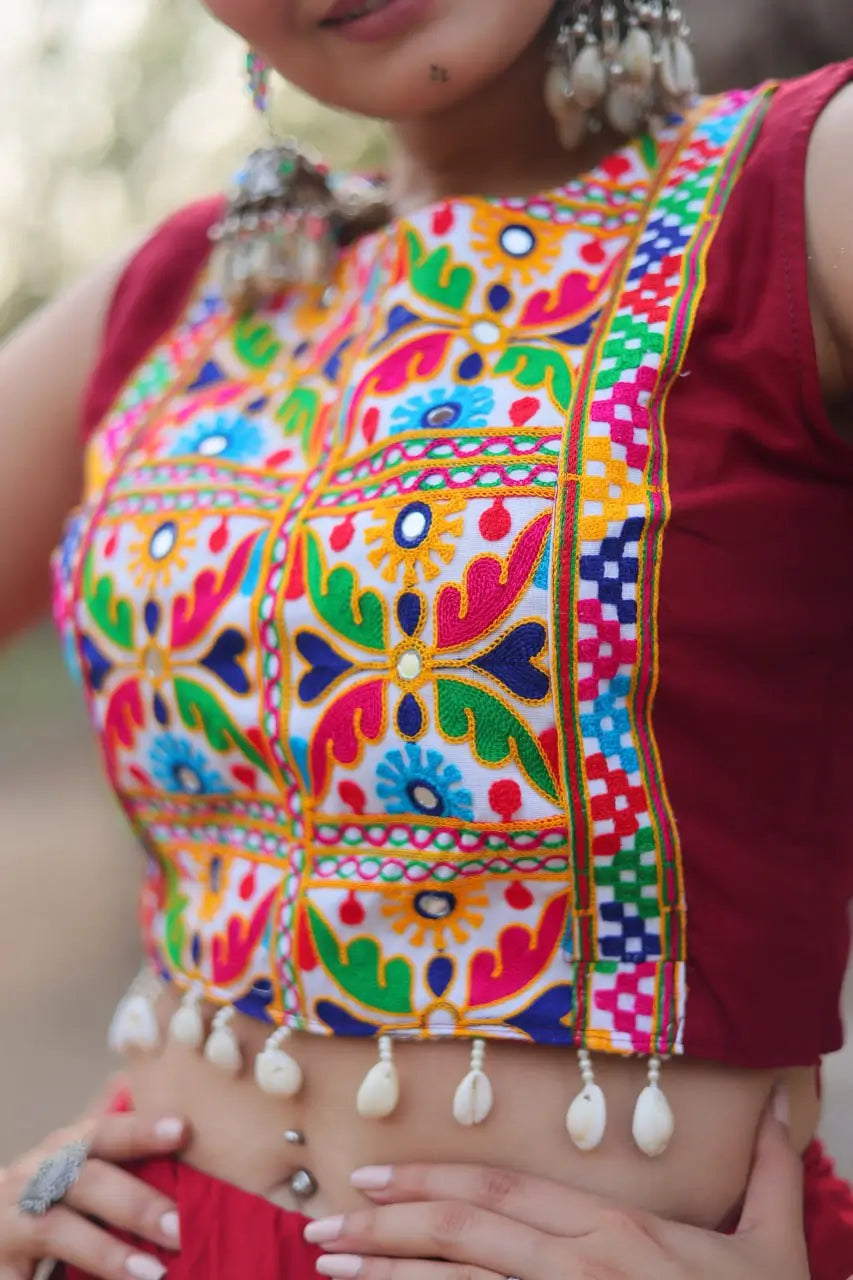 Glorious Red Plain Frill Lehenga With Traditional Gamthi Thread Work Koti And Blouse