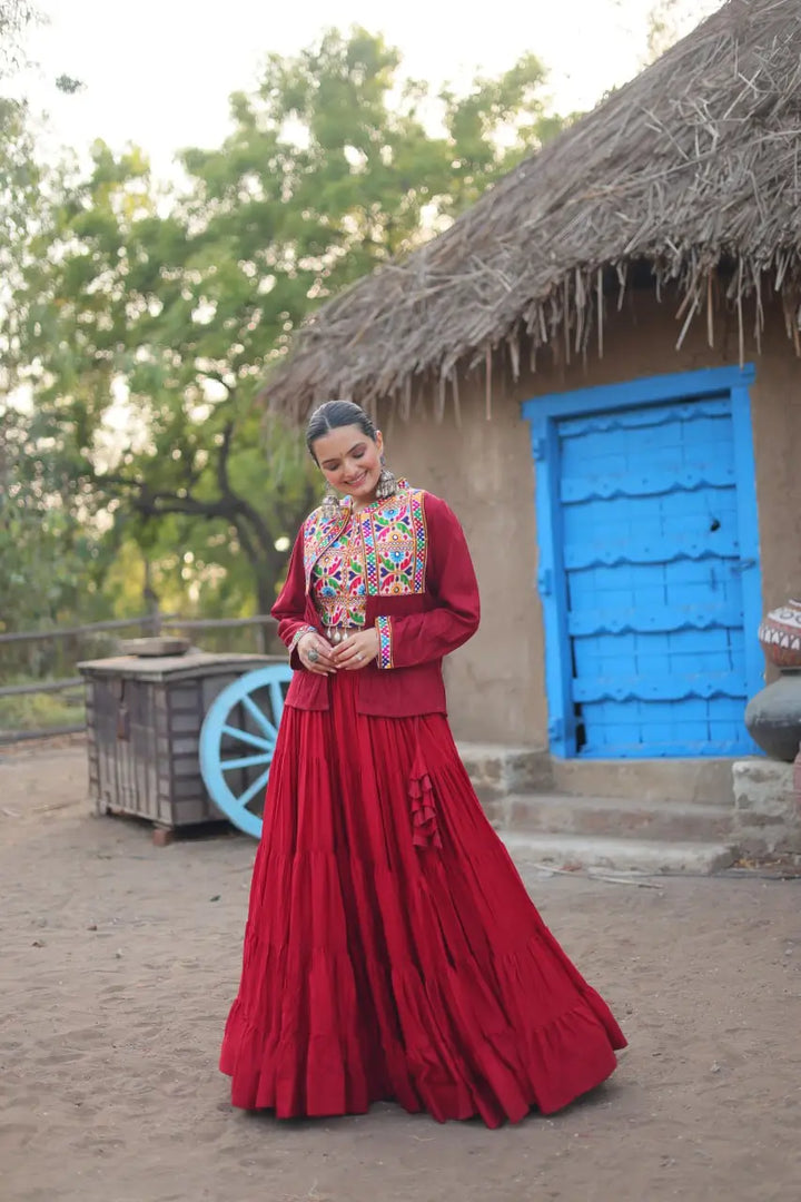 Glorious Red Plain Frill Lehenga With Traditional Gamthi Thread Work Koti And Blouse